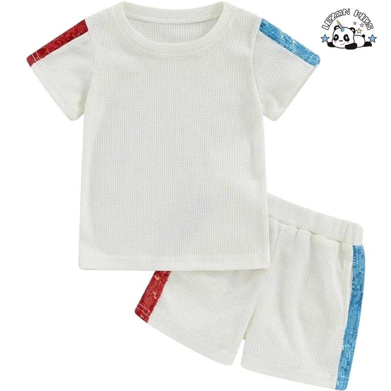 LEZONKIDS - Customized Girls Sequin Stripe Sleeves Patchwork T Shirt + Shorts Kids Clothing Set